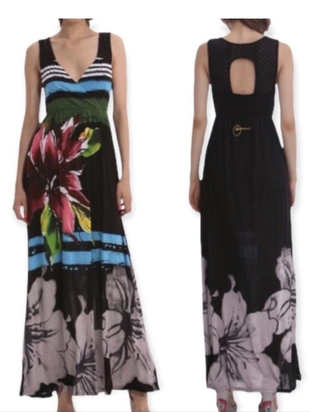 Desigual Womens Septiembre Crochet Back Maxi Dress Size Large Black floral Artsy